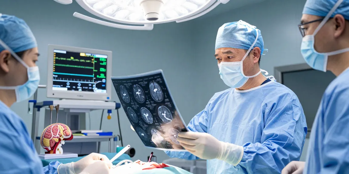 Neurosurgeon analyzing brain scans during a complex beyin ameliyatı in a sterile operating room with advanced equipment.