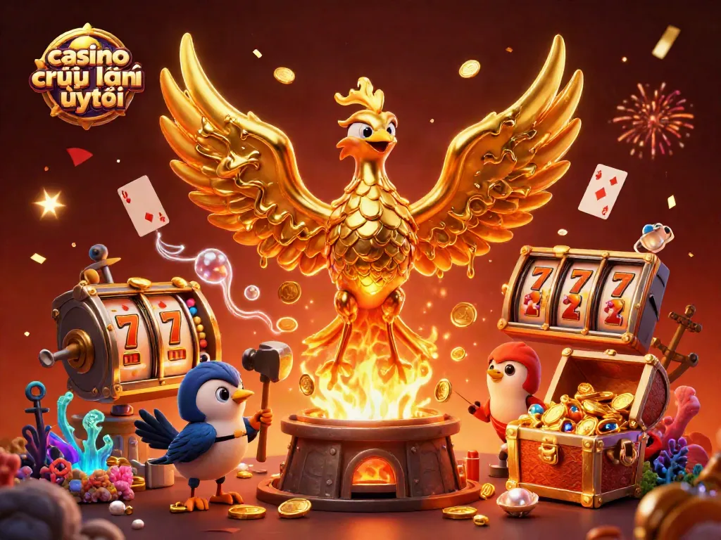 Khám phá casino trực tuyến uy tín với hình ảnh biểu tượng phoenix bằng vàng và yếu tố trò chơi đặc sắc.