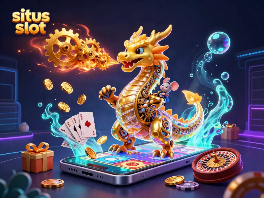 Unleash excitement with situs slot as a golden dragon breathes gears and coins in a vibrant casino scene.