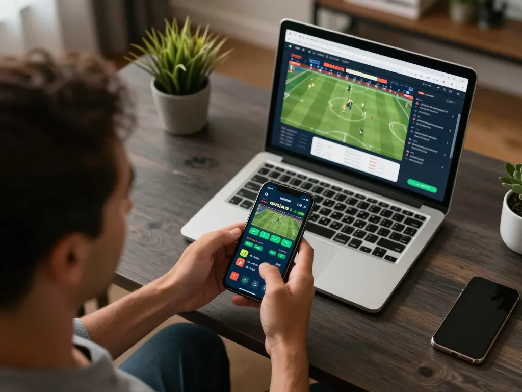 This scene captures the dynamic action of using siti scommesse stranieri legali for live sports betting on a smartphone amidst a stylish home office setting.