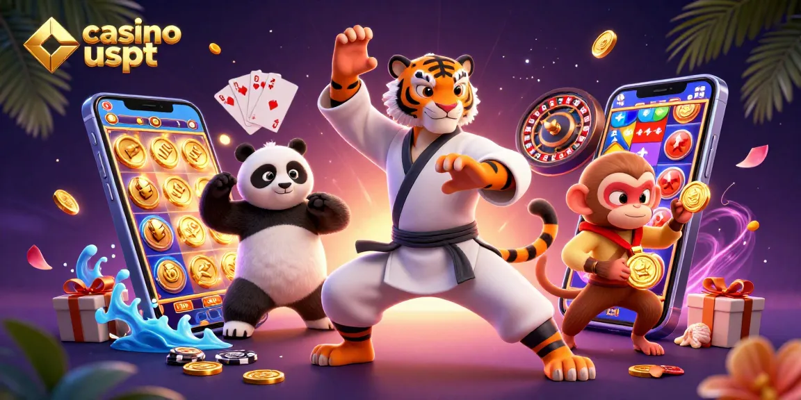Giocare nei casino USDT con il tigre maestro e il panda allievo attorniati da elementi casinò