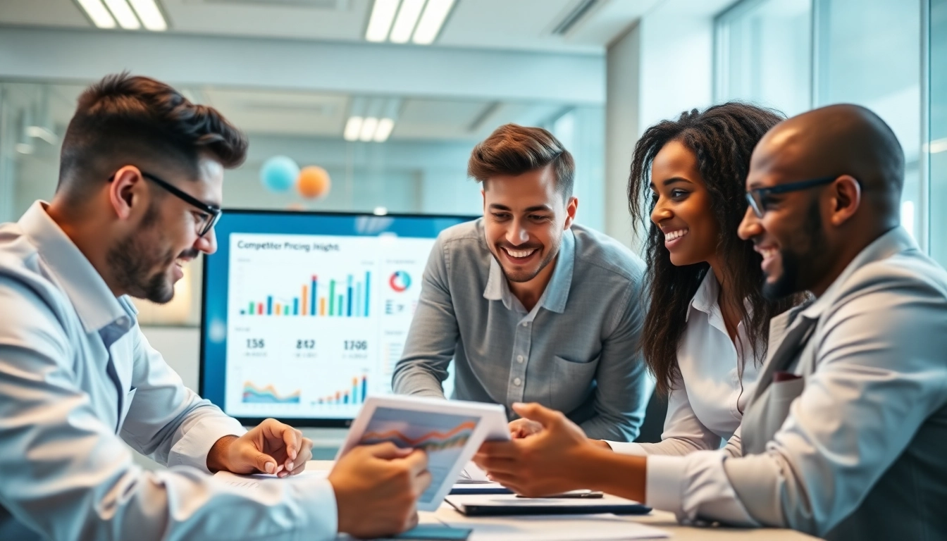 Analyzing competitor pricing strategies in a modern office setting with a diverse team.