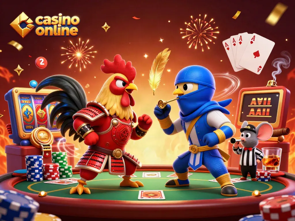 Disfruta de la emoción en un casino online con la ilustración de gallos enfrentados y elementos de juego como mesas de póker.