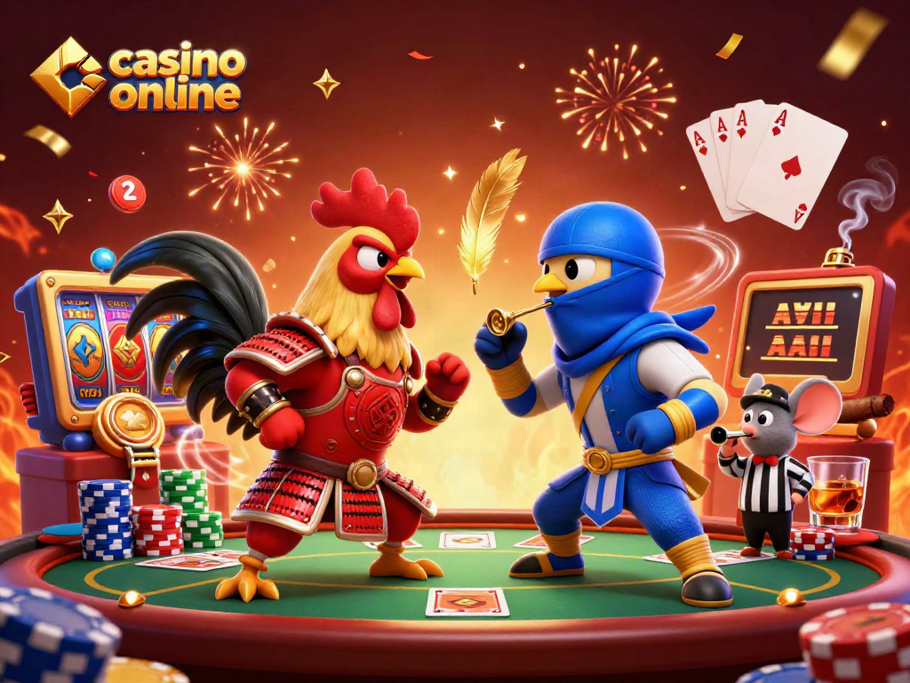 Disfruta de la emoción en un casino online con la ilustración de gallos enfrentados y elementos de juego como mesas de póker.