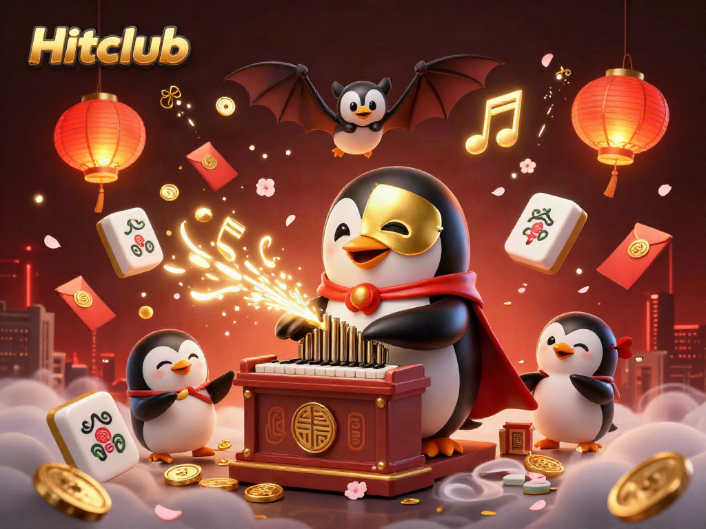 Engage with Hitclub's vibrant casino experience featuring a phantom opera penguin and golden treasures.
