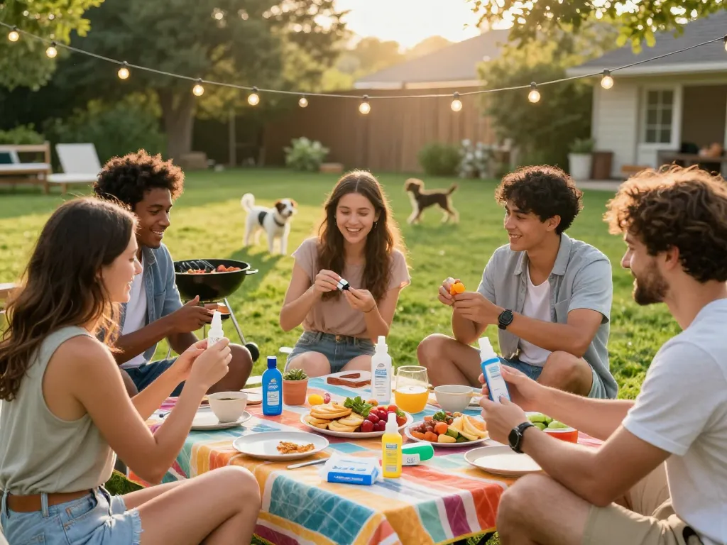 Friends applying mosquito repellent during summer barbecue, ensuring protection while enjoying outdoor fun.