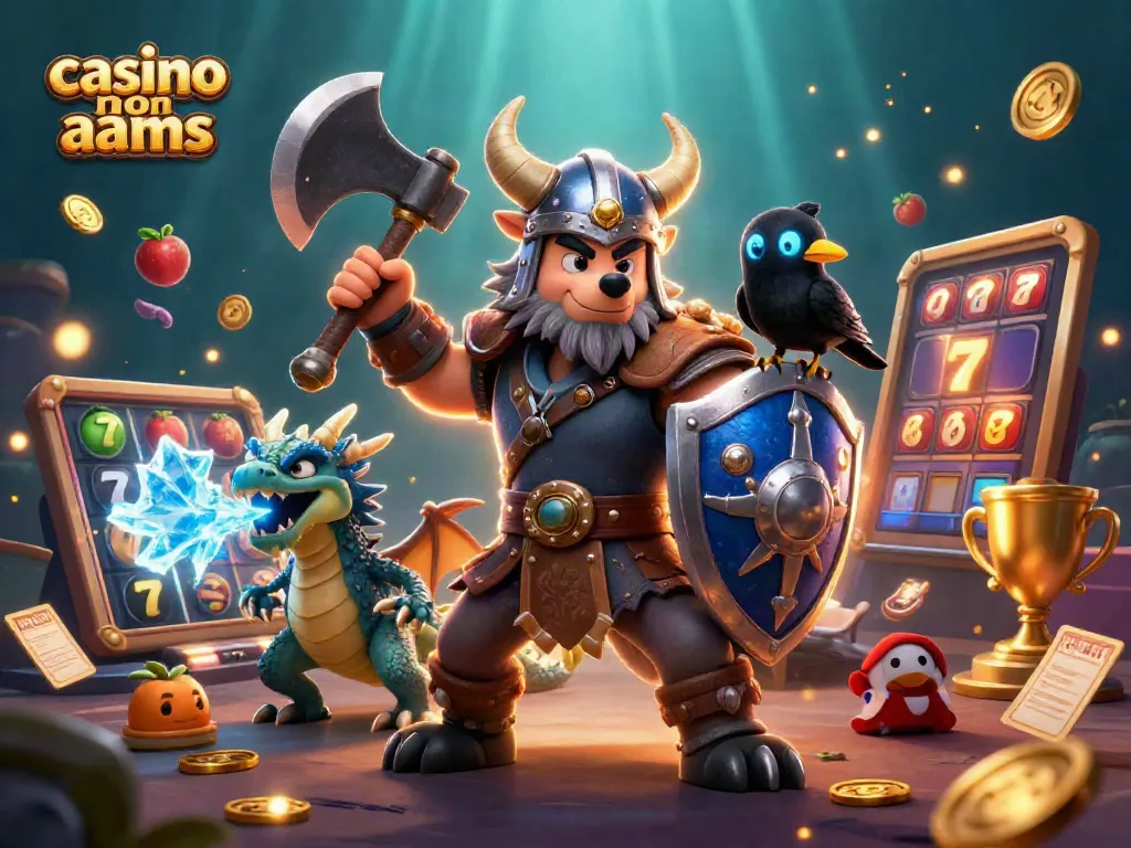 Giocare a casino non AAMS con slot iconiche e simboli fortunati in un'illustrazione fantastica.
