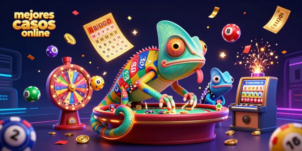 Visualiza los mejores casinos online con un camaleón y elementos vibrantes del juego en un entorno festivo.