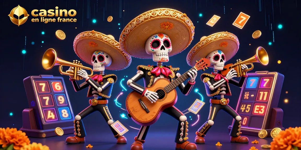 Jouez au casino en ligne France avec une illustration colorée de musiciens squelettes de mariachi dans un décor de jeu dynamique.