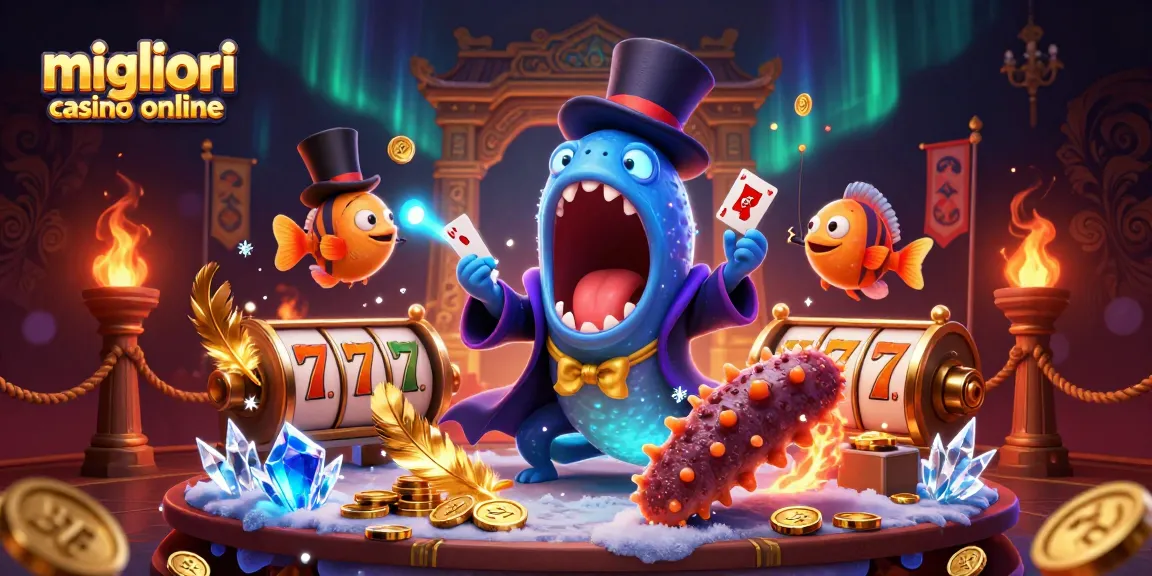 I migliori casino online presentano un'illustrazione vivace con creature marine che animano un casinò, esibendo giochi e monete.