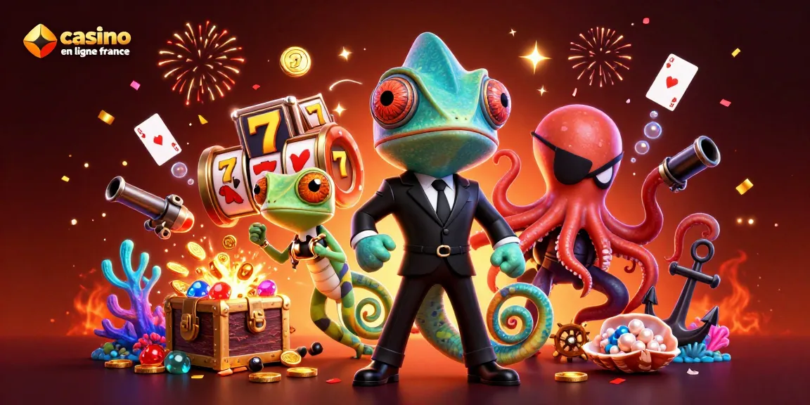 Illustration dynamique pour casino en ligne france avec personnages de caméléon, gecko et pieuvre dans un décor riche.