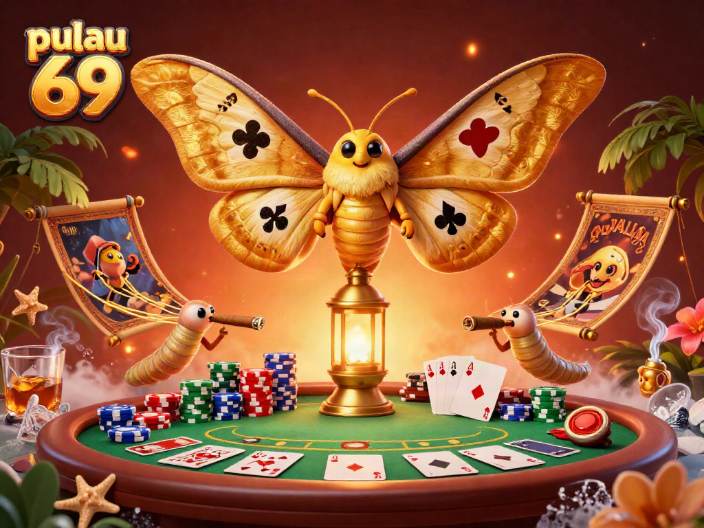 Engage in dynamic action with pulau 69, showcasing a vibrant casino scene with poker elements and golden atlas moth.