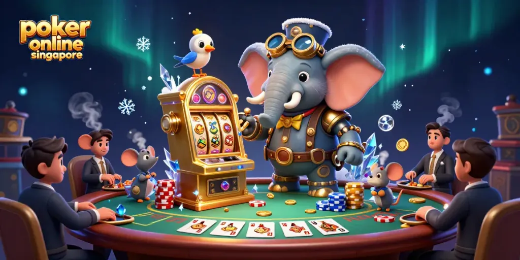 Poker online Singapore scene with a cartoon elephant engineer at a vibrant poker table surrounded by chip stacks.
