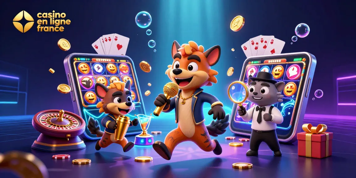 Illustration d'une scène de casino en ligne France avec des hyènes animées jouant, offrant des jeux ludiques.