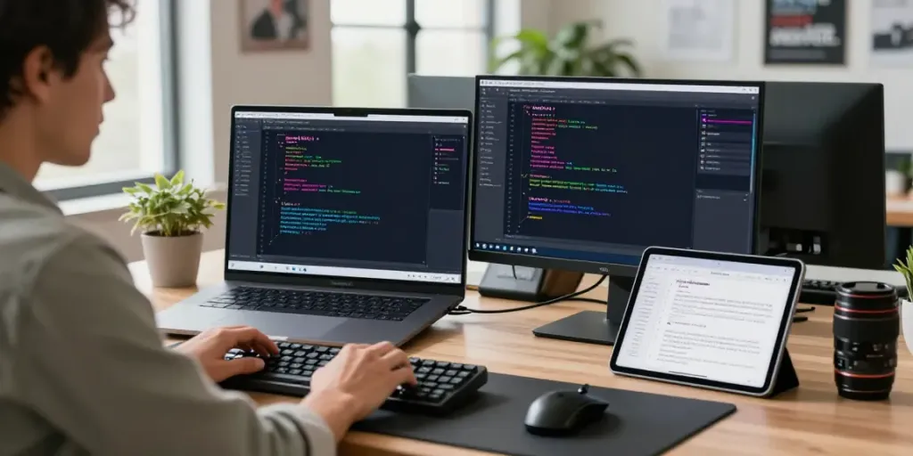 Developer using Notepad++ code editor in a modern workspace at https://notepad-app.co/ with vibrant syntax highlighting.