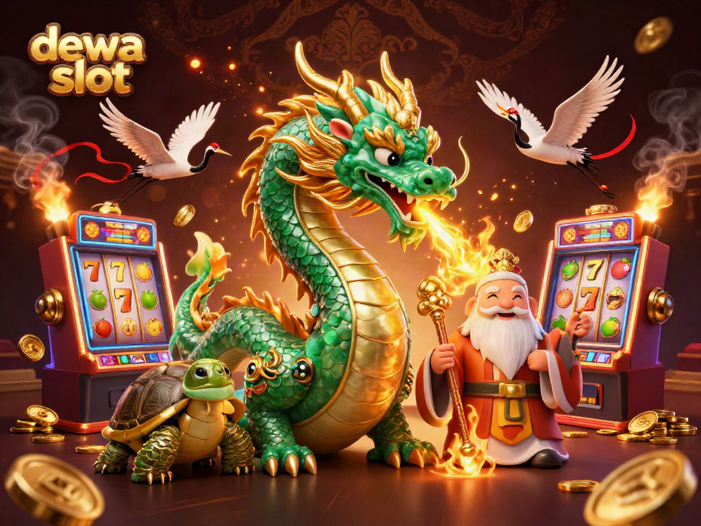 Visualisasi dewa slot dengan naga zamrud dan mesin slot menggoda, menunjukkan kemenangan dalam permainan kasino.