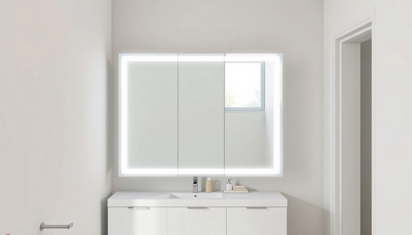 Highlighting a sleek led bathroom mirror Cabinet surrounded by tasteful decor.