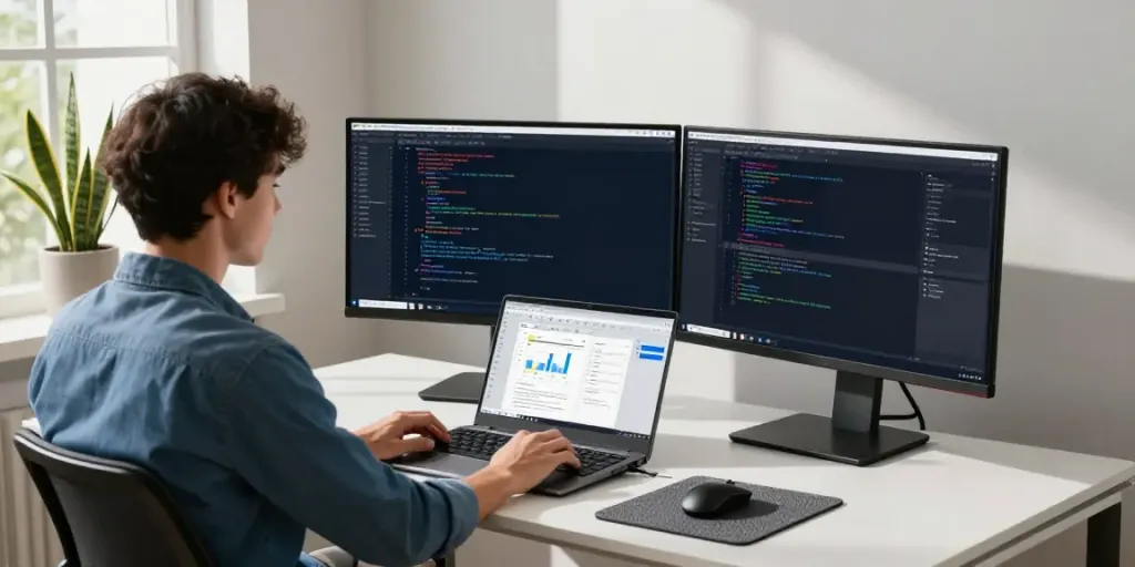 A developer using Notepad++ at a modern workspace with dual monitors displaying code, creating a productive atmosphere.