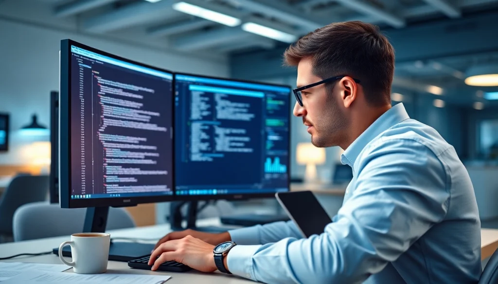 Enhance IT compliance through PowerShell automation with a technician coding in a modern office.