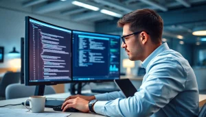 Enhance IT compliance through PowerShell automation with a technician coding in a modern office.