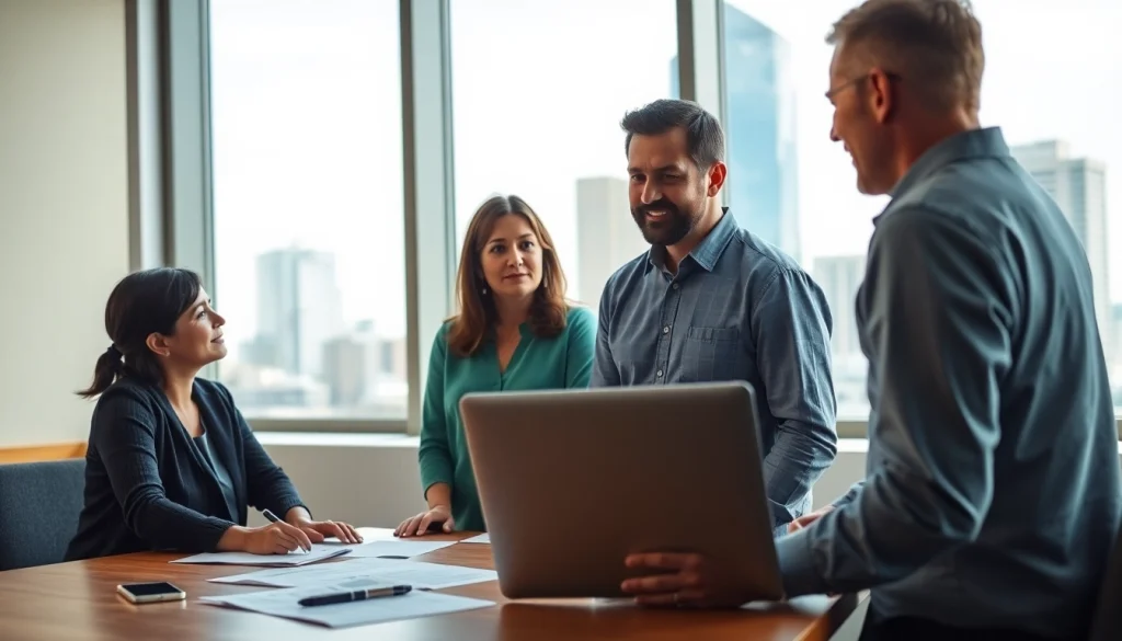 Engaging family consultation discussing Life insurance options with documents and laptop in view.