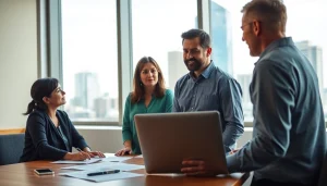 Engaging family consultation discussing Life insurance options with documents and laptop in view.