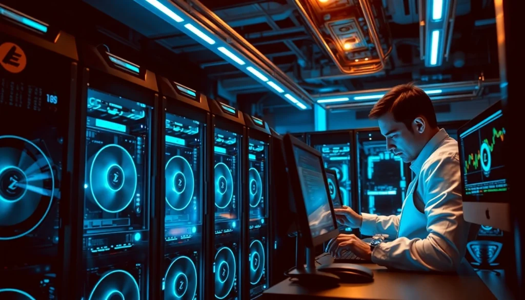Best crypto mining site featuring modern rigs and expert technician in a high-tech setup.