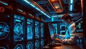 Best crypto mining site featuring modern rigs and expert technician in a high-tech setup.