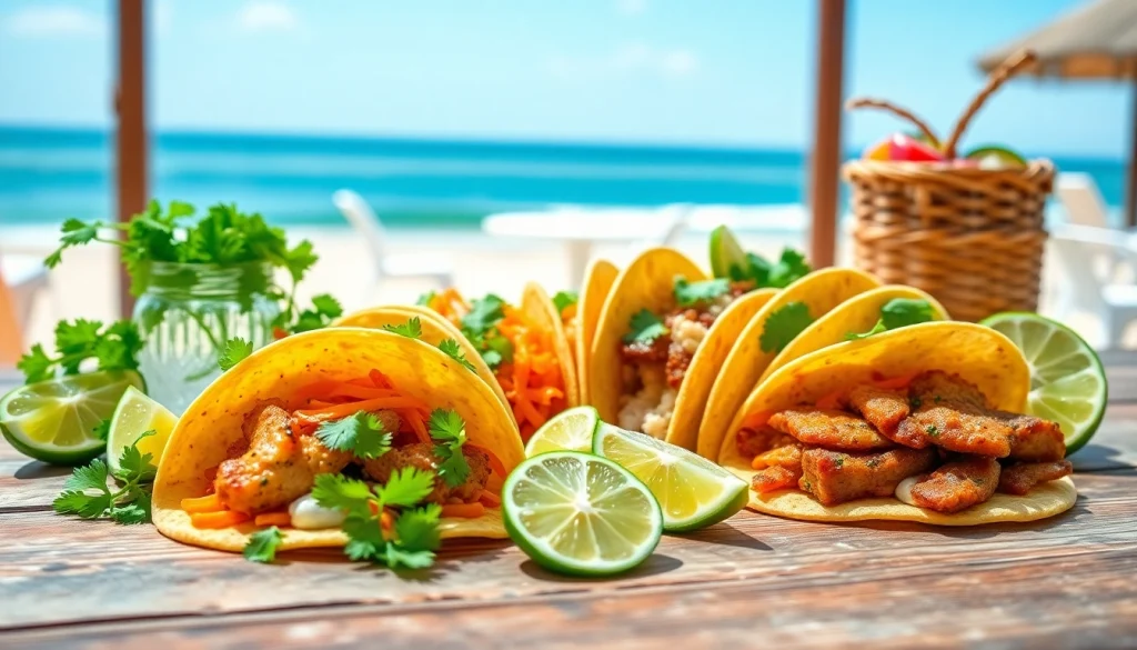 Enjoying the best tacos in Cabo with fresh ingredients and vibrant colors on a sunny beach setting.