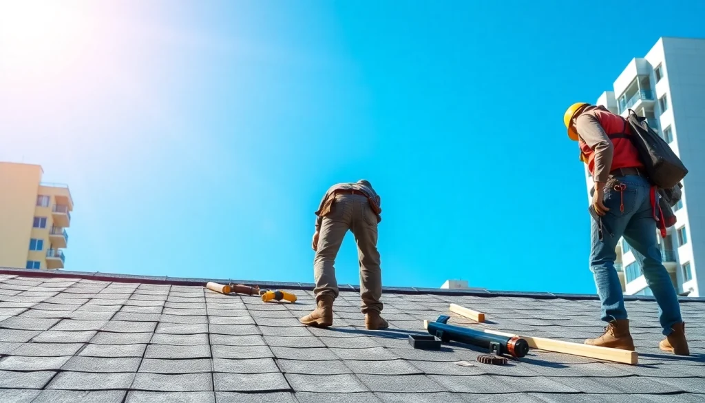 Showcasing professional roofing services, a skilled roofer inspects a new roof against a clear blue sky.