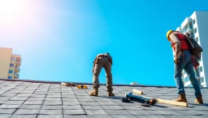 Showcasing professional roofing services, a skilled roofer inspects a new roof against a clear blue sky.