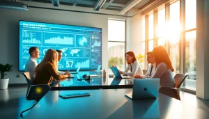 Technology team collaborating in a modern workspace with advanced devices and analytics.