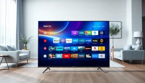 Showcase of iron tv's vibrant streaming interface in a stylish living room.