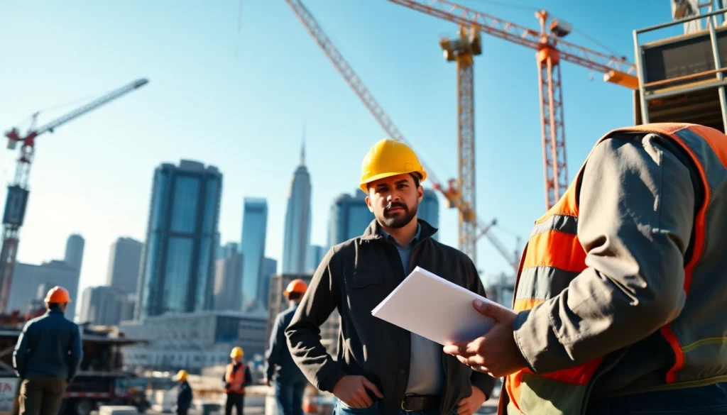 New York City General Contractor supervising a construction site with city skyline backdrop.