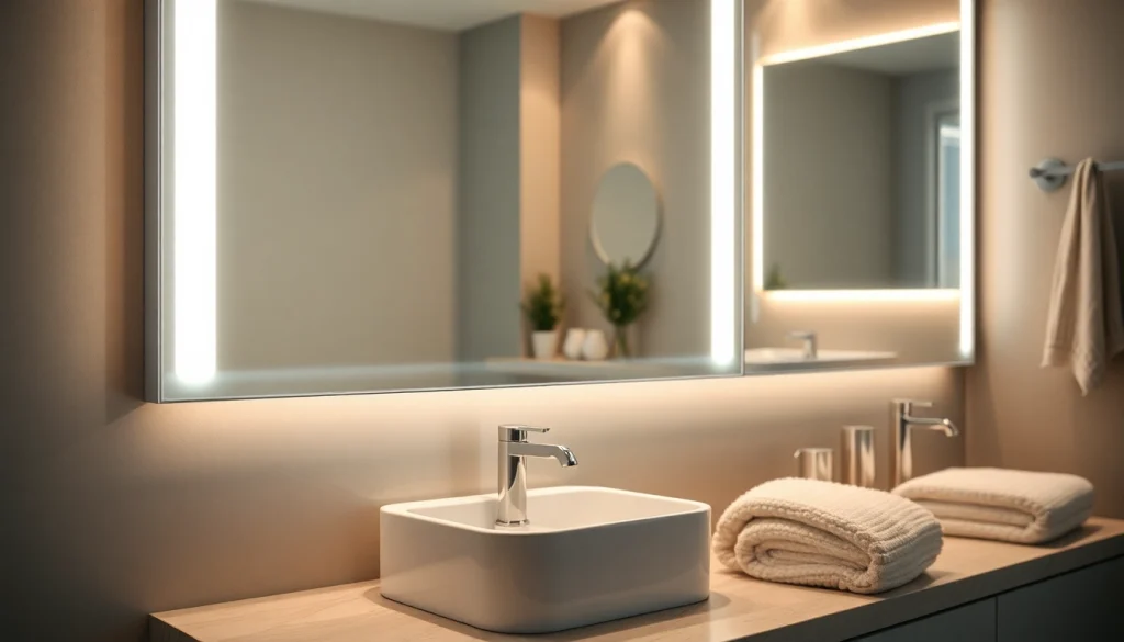 Spiegelschrank mit LED Beleuchtung in modernem Badezimmer, schick und funktional.