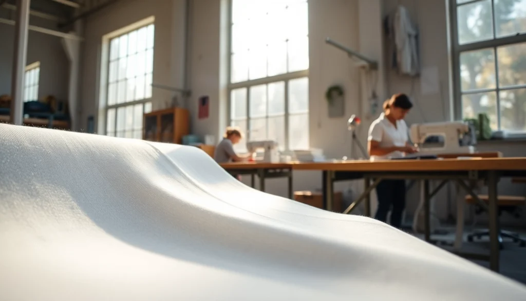 Katoen fabric being crafted in a textile workshop, showcasing texture and creativity.