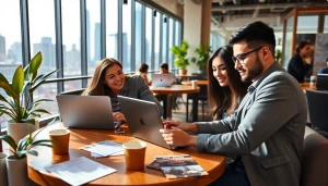 People searching for new york jobs in a vibrant coffee shop with a view of the skyline.