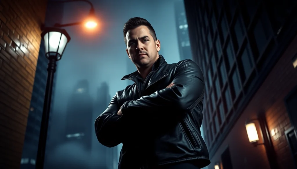 Investigative character personifying action like Reacher in a suspenseful urban setting.