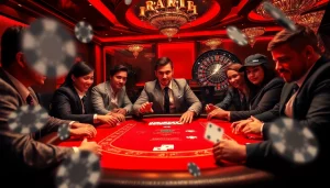 Exciting poker game action with players at a high-stakes table, symbolizing ink vao 12bet in a luxurious casino.