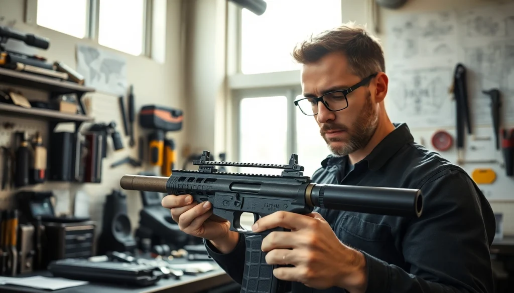 Inspecting a forced reset trigger with precise craftsmanship in a well-lit workshop.