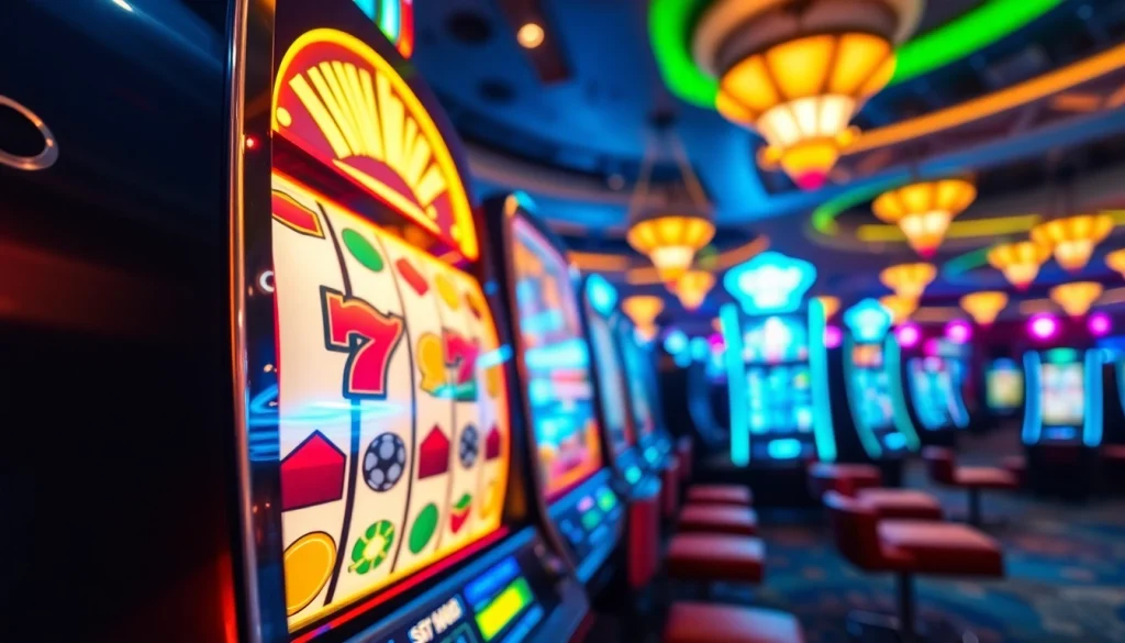 Spinning reels of istana777 bet slot machine in a vibrant casino setting, bringing excitement to players.