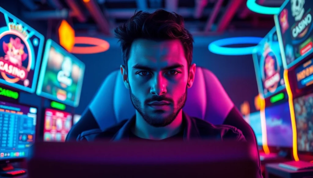 Engage in an online casino South Carolina experience with a professional gamer in a vibrant setting.