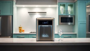 Utilize an ice maker to create refreshing ice cubes in a stylish kitchen environment.