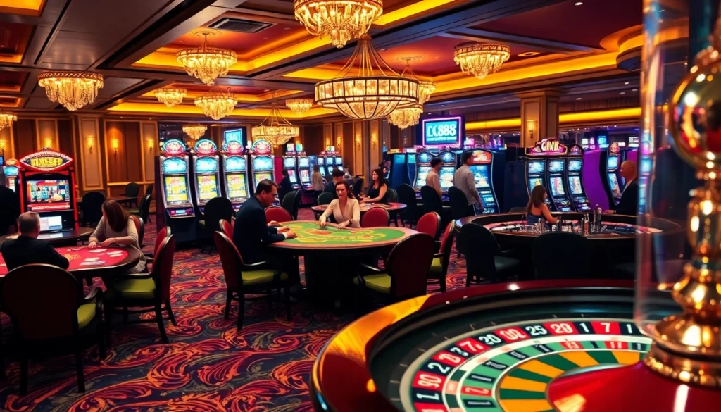 Experience thrilling gaming at LC88 casino tables surrounded by vibrant slot machines and poker chips.