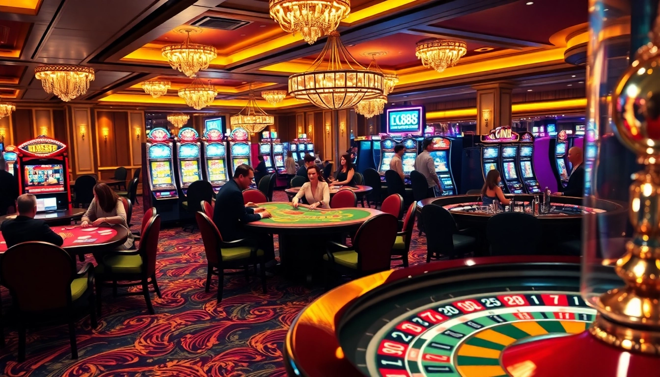 Experience thrilling gaming at LC88 casino tables surrounded by vibrant slot machines and poker chips.