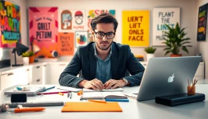 Content creator devising strategies on how to get paid for content creation fast in a vibrant workspace.