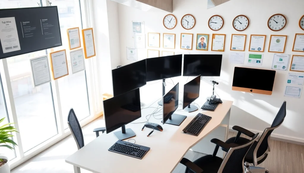 Enhance your skills at a professional typing center with modern workstations and bright natural lighting.