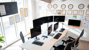 Enhance your skills at a professional typing center with modern workstations and bright natural lighting.