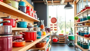 Capture vibrant cookware shop Auckland displaying colorful pots and pans arranged on wooden shelves.
