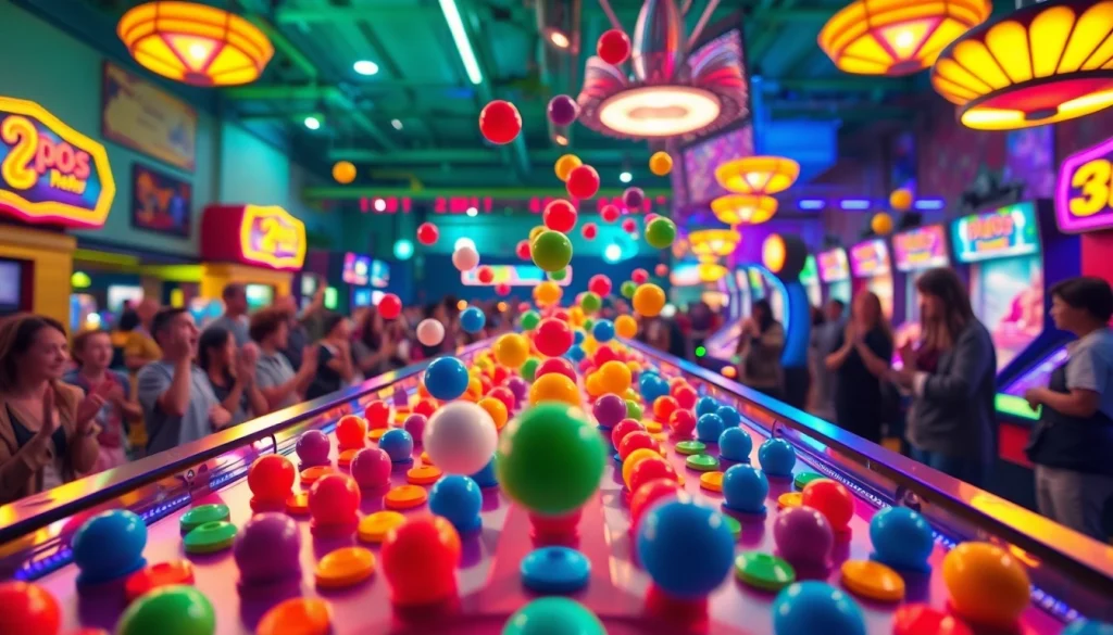 Permainan Plinko demo yang menarik dengan suasana ceria di dalam arcade.